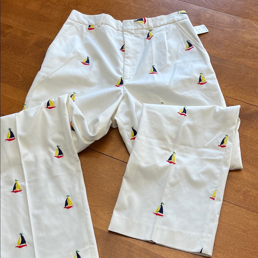 White Pants with Sailboat Embroidery